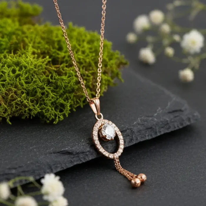 Rose Gold Oval Halo Pendant Necklace with Floating Solitaire - Image 9
