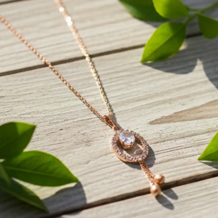 Rose Gold Oval Halo Pendant Necklace with Floating Solitaire - Image 2