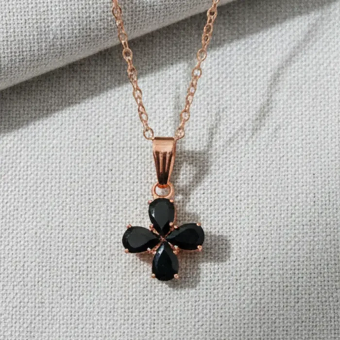 Black Clover Pendant Necklace in Rose Gold – Four Leaf Good Luck Charm - Image 2