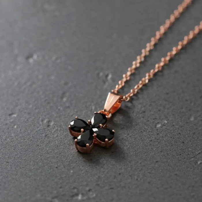 Black Clover Pendant Necklace in Rose Gold – Four Leaf Good Luck Charm - Image 8