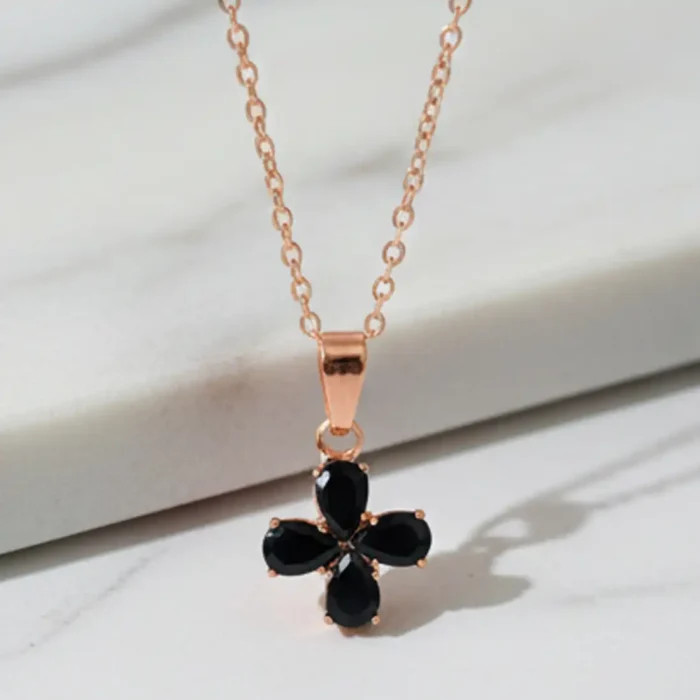 Black Clover Pendant Necklace in Rose Gold – Four Leaf Good Luck Charm - Image 4