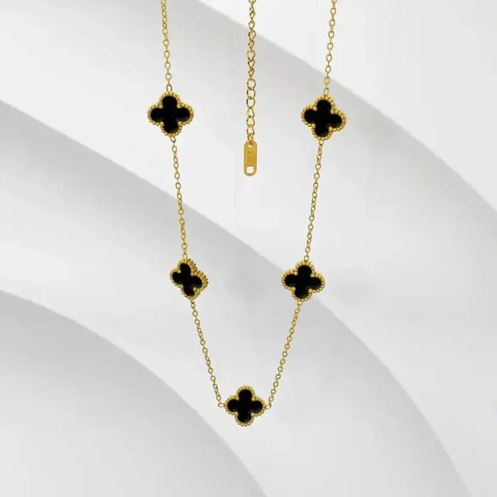 Minimalist Black Onyx Four Leaf Clover Necklace – Solid Gold Lucky Motif Jewelry - Image 6