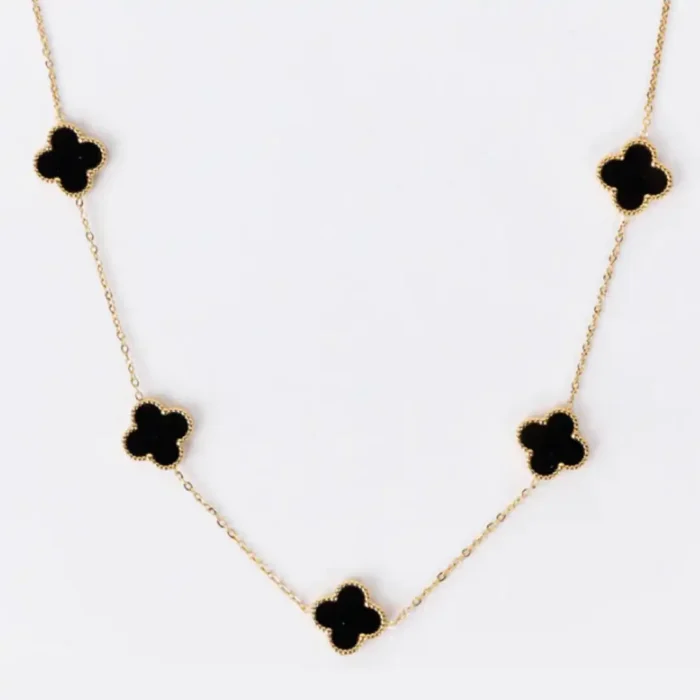 Minimalist Black Onyx Four Leaf Clover Necklace – Solid Gold Lucky Motif Jewelry - Image 2