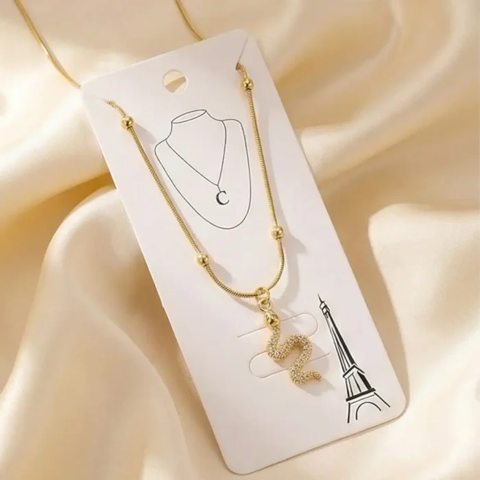 Shimmering Diamond Snake Pendant – 14K Gold Gold Bead Station Chain Necklace - Image 3