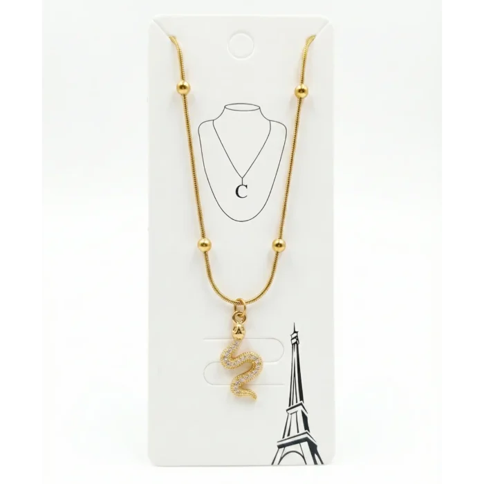 Shimmering Diamond Snake Pendant – 14K Gold Gold Bead Station Chain Necklace - Image 2