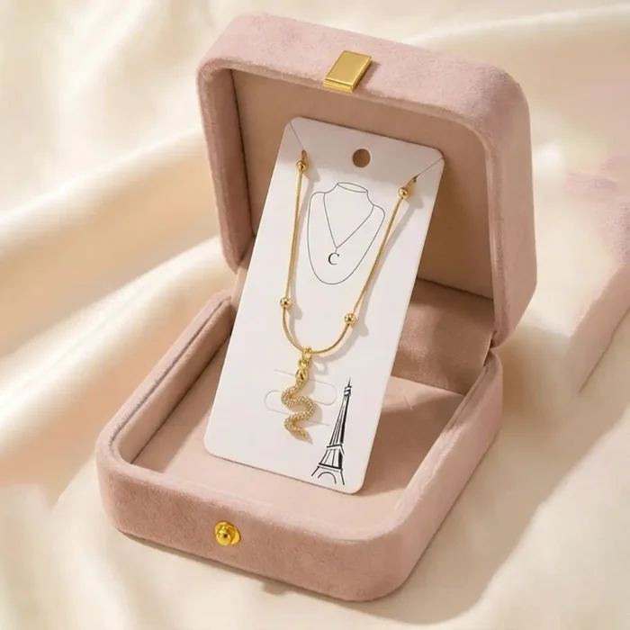 Shimmering Diamond Snake Pendant – 14K Gold Gold Bead Station Chain Necklace - Image 6