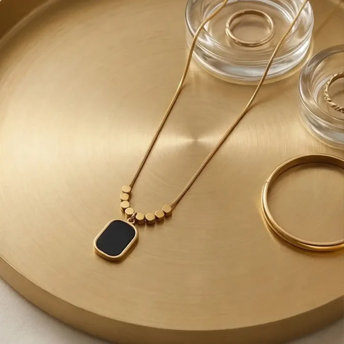 Minimalist Black Onyx Tablet Pendant – 14K Gold Bead Station Snake Chain Necklace - Image 14