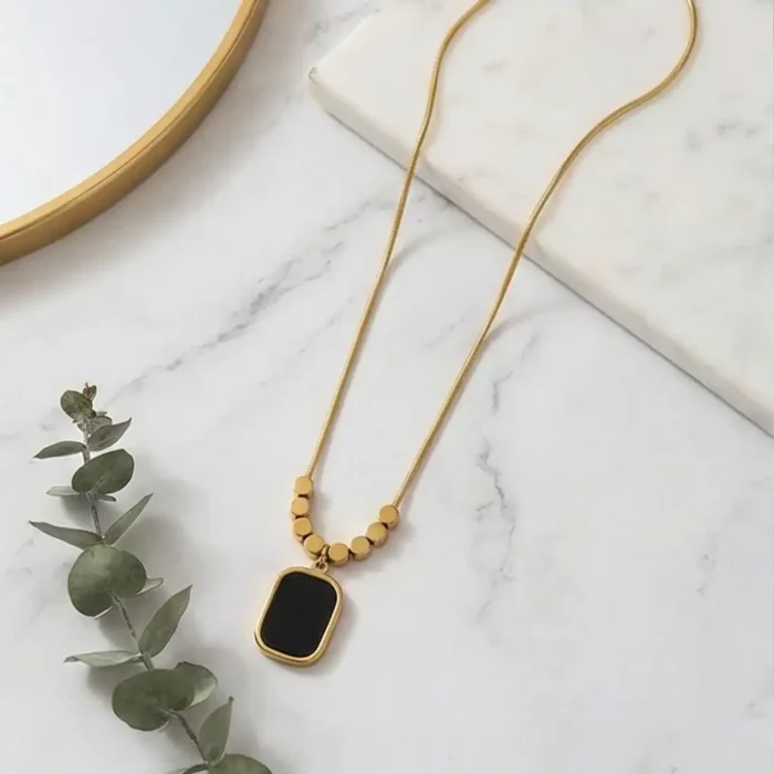 Minimalist Black Onyx Tablet Pendant – 14K Gold Bead Station Snake Chain Necklace - Image 5