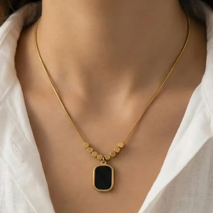 Minimalist Black Onyx Tablet Pendant – 14K Gold Bead Station Snake Chain Necklace - Image 4
