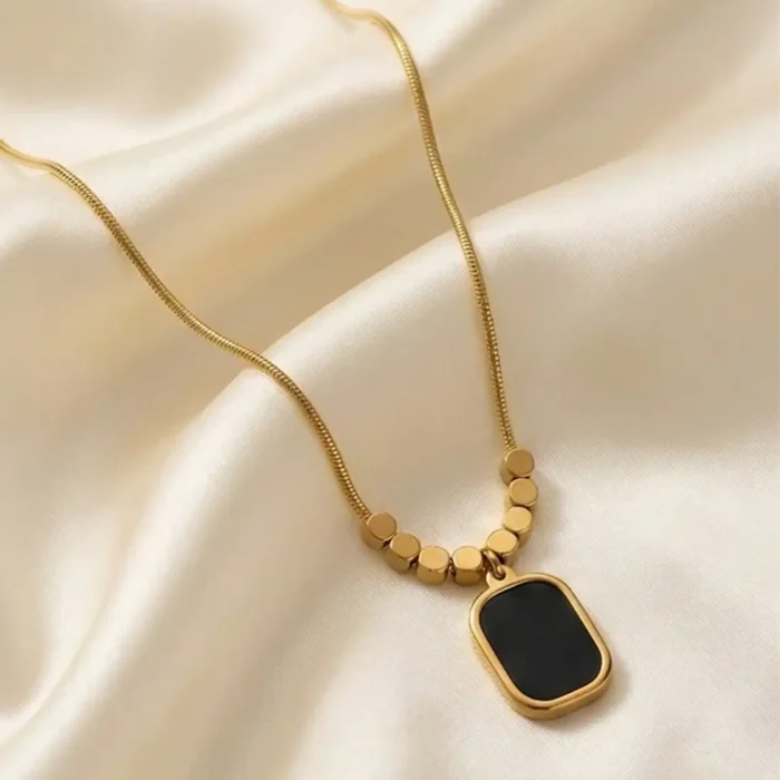 Minimalist Black Onyx Tablet Pendant – 14K Gold Bead Station Snake Chain Necklace - Image 3