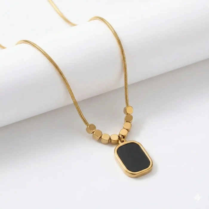 Minimalist Black Onyx Tablet Pendant – 14K Gold Bead Station Snake Chain Necklace - Image 2