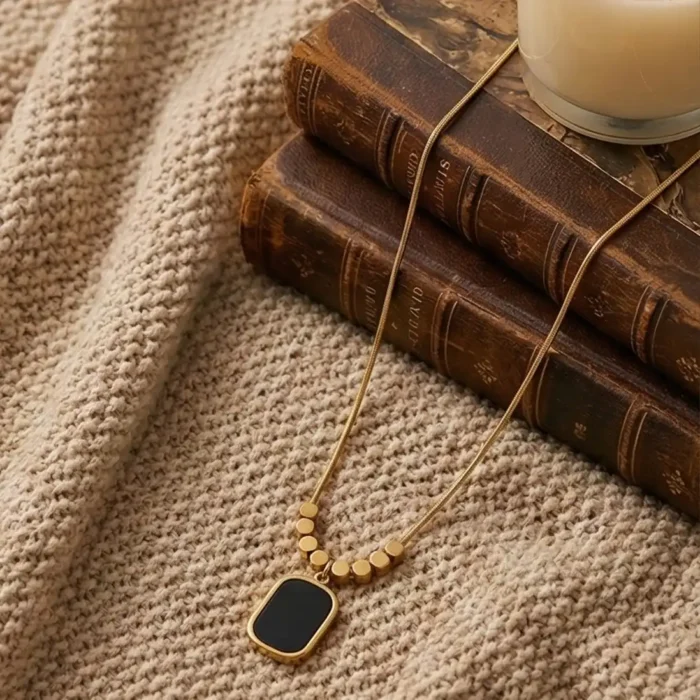 Minimalist Black Onyx Tablet Pendant – 14K Gold Bead Station Snake Chain Necklace - Image 13