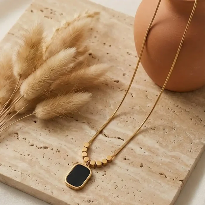 Minimalist Black Onyx Tablet Pendant – 14K Gold Bead Station Snake Chain Necklace - Image 12