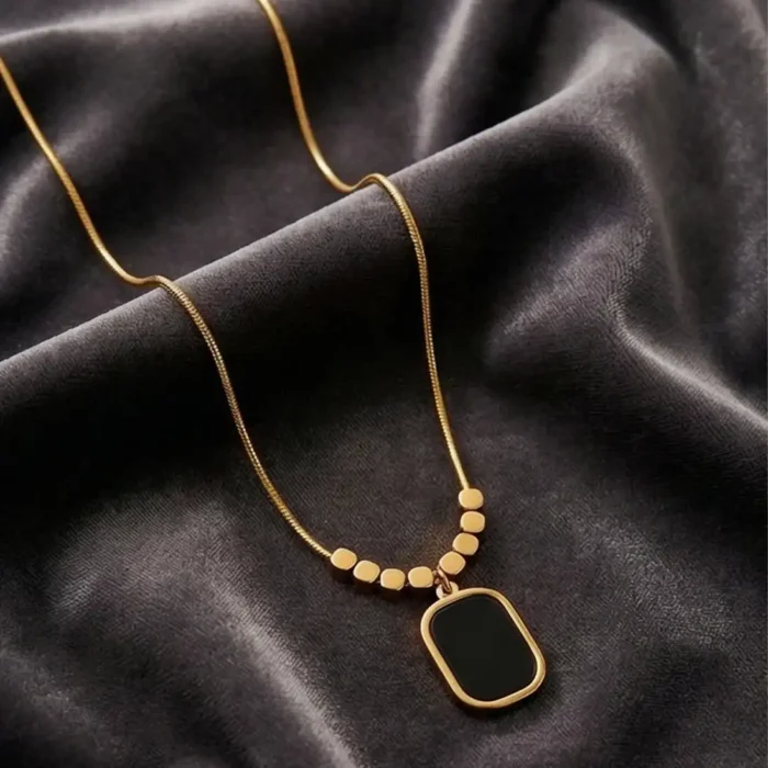 Minimalist Black Onyx Tablet Pendant – 14K Gold Bead Station Snake Chain Necklace - Image 11
