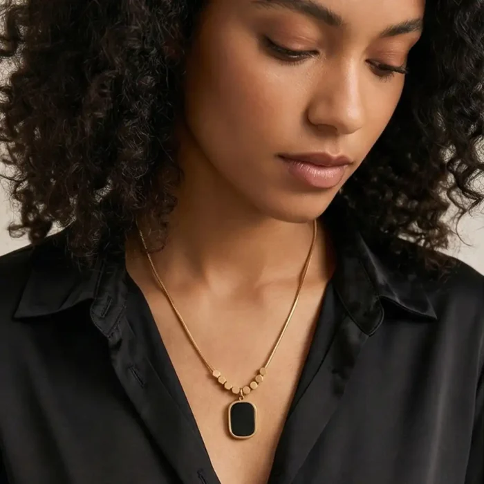 Minimalist Black Onyx Tablet Pendant – 14K Gold Bead Station Snake Chain Necklace - Image 7