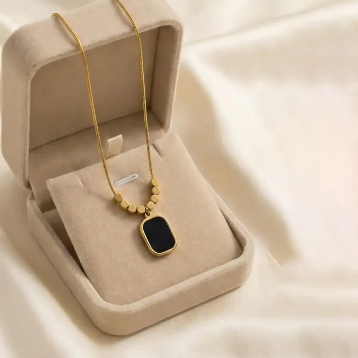 Minimalist Black Onyx Tablet Pendant – 14K Gold Bead Station Snake Chain Necklace - Image 6