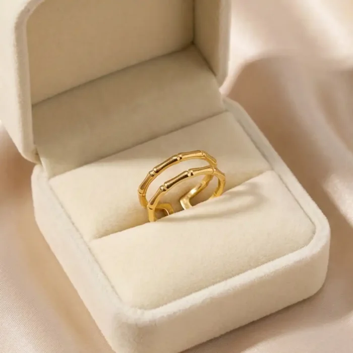 Modern Bamboo Double Band Gold-Plated Steel Ring - Image 7