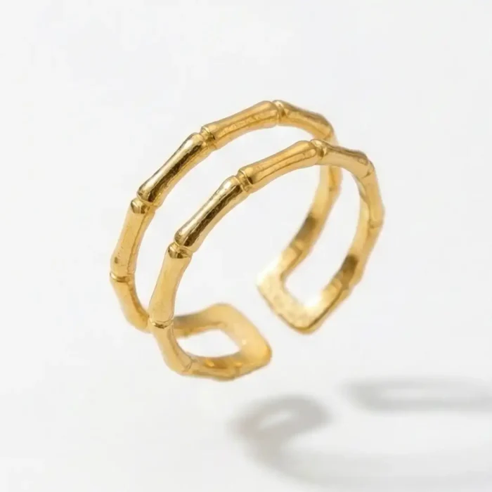 Modern Bamboo Double Band Gold-Plated Steel Ring - Image 4