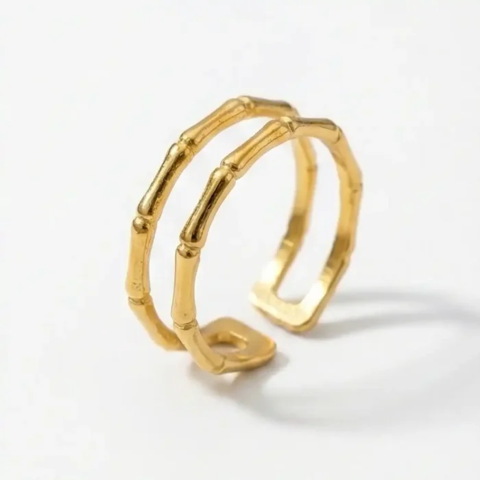 Modern Bamboo Double Band Gold-Plated Steel Ring - Image 2
