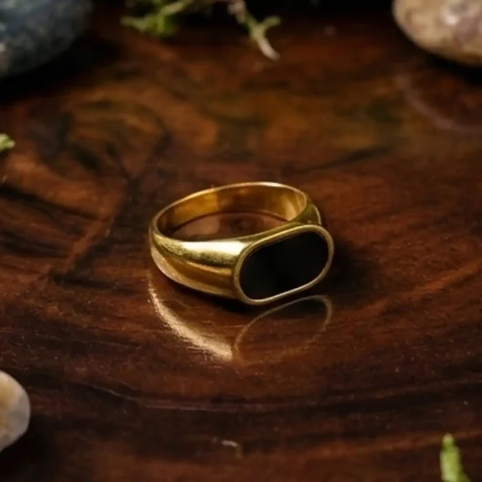 Classic Black Onyx Gold-Plated Steel Signet Ring - Image 8