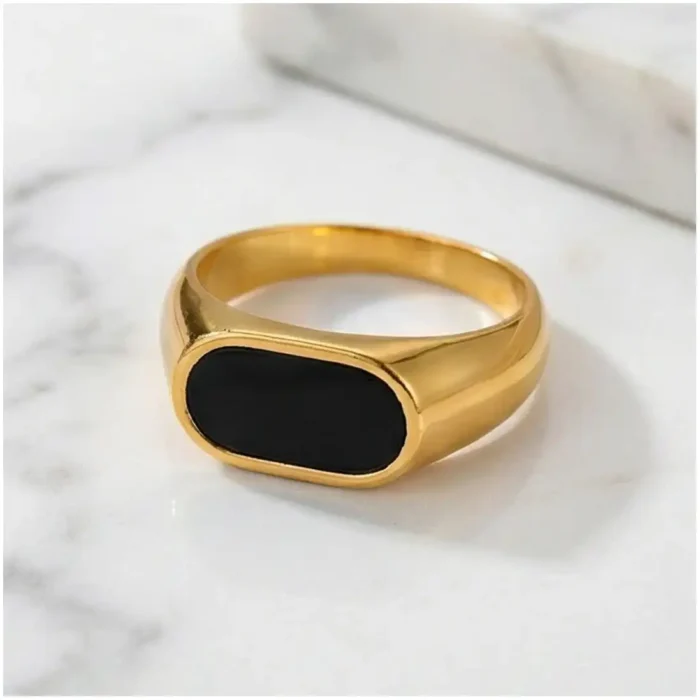 Classic Black Onyx Gold-Plated Steel Signet Ring - Image 5