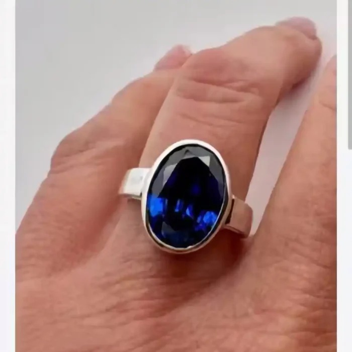 Royal Blue Neelam Stone Ring – Polished Silver-Plated Bezel Setting – Snag-Free Solitaire Engagement Promise Ring – Modern Classic Style - Image 9