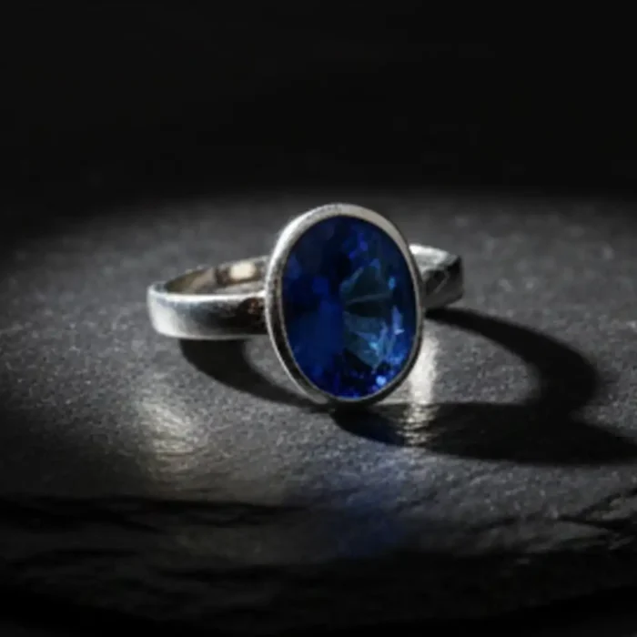 Royal Blue Neelam Stone Ring – Polished Silver-Plated Bezel Setting – Snag-Free Solitaire Engagement Promise Ring – Modern Classic Style - Image 3