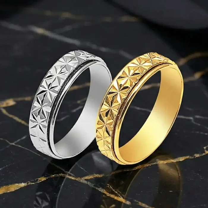 2-Pack Stainless Steel Spinner Rings for Couples – Matching Silver & Gold Star Pattern Fidget Bands – Anxiety Relief & Anti-Stress Rotating Rings – Promise Jewelry Set for Him & Her - Image 11