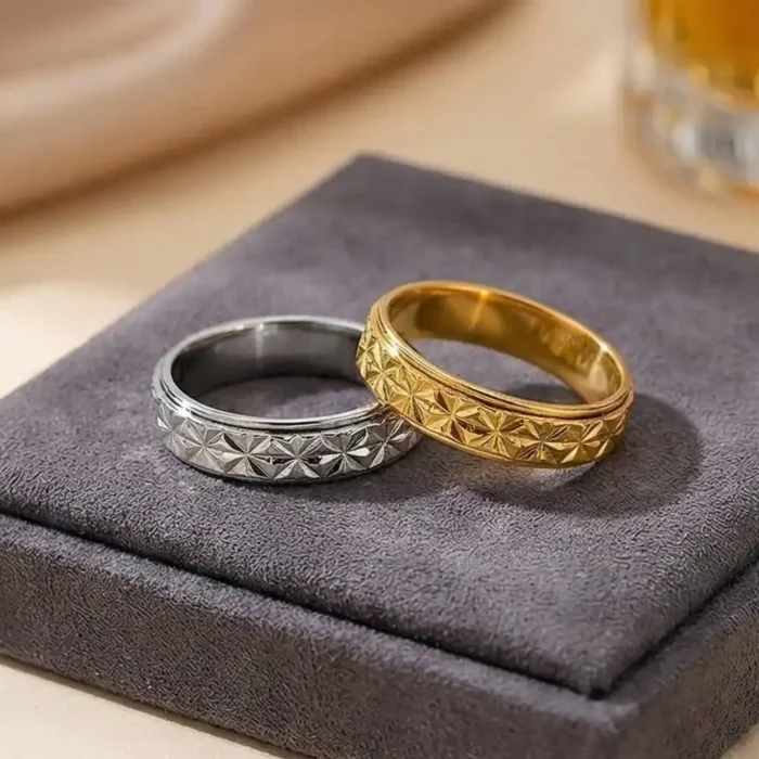 2-Pack Stainless Steel Spinner Rings for Couples – Matching Silver & Gold Star Pattern Fidget Bands – Anxiety Relief & Anti-Stress Rotating Rings – Promise Jewelry Set for Him & Her - Image 7