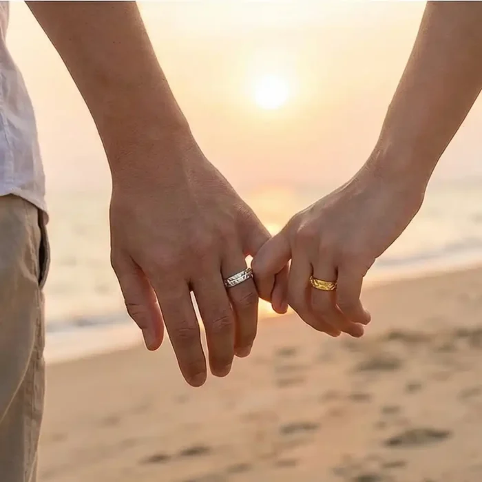 2-Pack Stainless Steel Spinner Rings for Couples – Matching Silver & Gold Star Pattern Fidget Bands – Anxiety Relief & Anti-Stress Rotating Rings – Promise Jewelry Set for Him & Her - Image 5