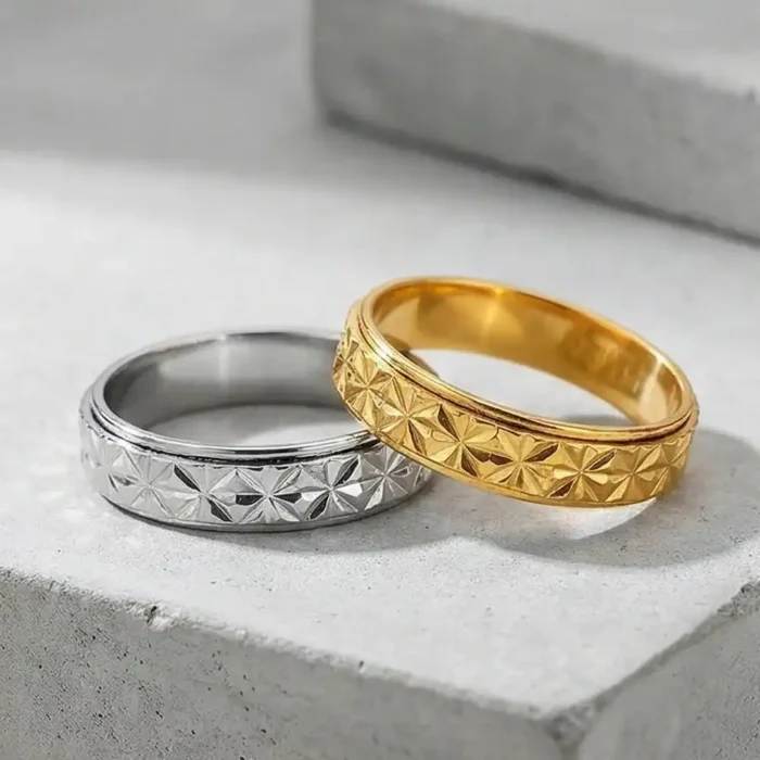 2-Pack Stainless Steel Spinner Rings for Couples – Matching Silver & Gold Star Pattern Fidget Bands – Anxiety Relief & Anti-Stress Rotating Rings – Promise Jewelry Set for Him & Her - Image 3