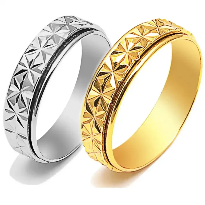 2-Pack Stainless Steel Spinner Rings for Couples – Matching Silver & Gold Star Pattern Fidget Bands – Anxiety Relief & Anti-Stress Rotating Rings – Promise Jewelry Set for Him & Her - Image 2