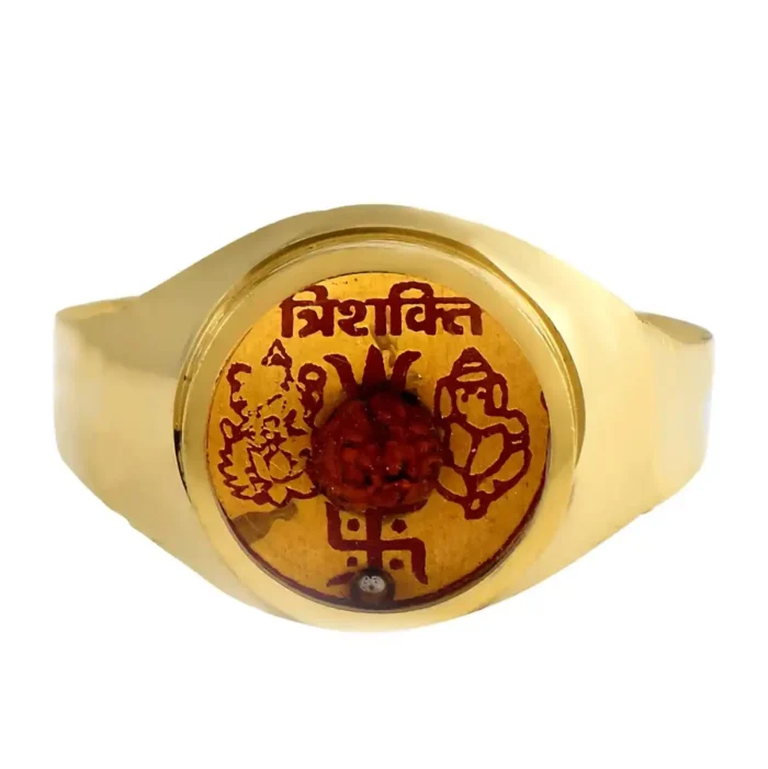 Trishakti Ring Brass – Gold Plated Religious Signet with Rudraksha Bead, Swastika & Ganesha Yantra, Traditional Vastu Good Luck Charm for Men & Women - Image 2