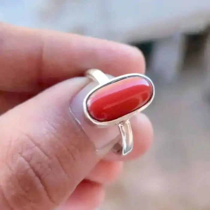 Rectangular Red Coral Ring (Capsule Moonga) – Silver Plated Mars Stone for Manglik Dosh, Stability & Career Success – Certified Astrological Gemstone Ring for Men & Women - Image 5