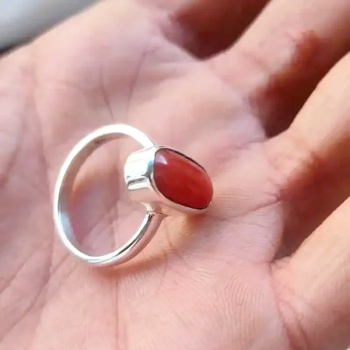 Rectangular Red Coral Ring (Capsule Moonga) – Silver Plated Mars Stone for Manglik Dosh, Stability & Career Success – Certified Astrological Gemstone Ring for Men & Women - Image 4