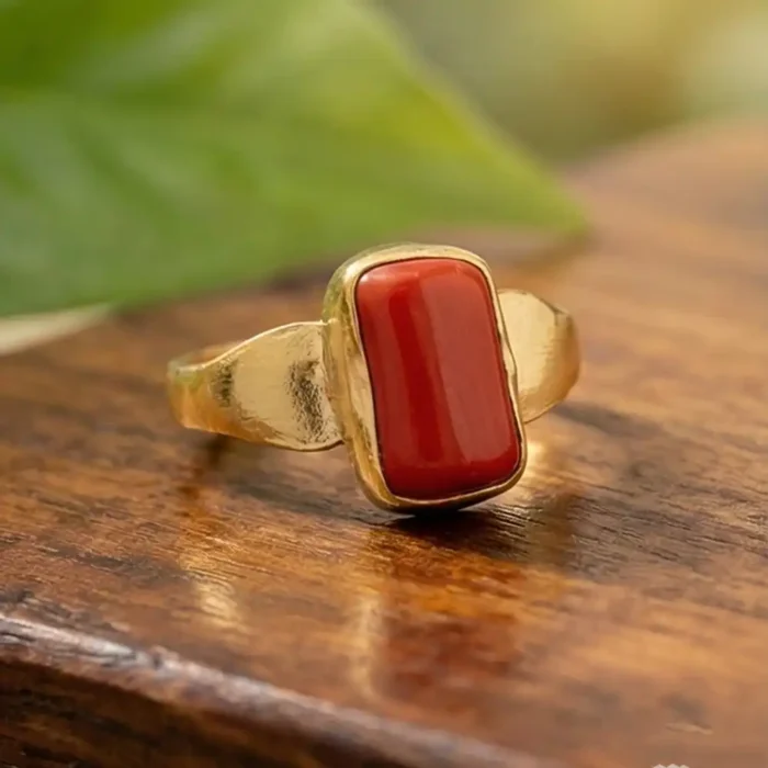Red Coral Motif Statement Ring – Antique Gold Finish Waterproof Jewelry - Image 8