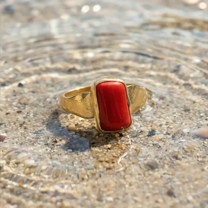 Red Coral Motif Statement Ring – Antique Gold Finish Waterproof Jewelry - Image 6