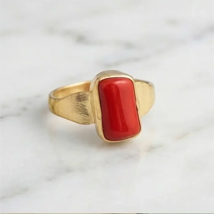 Red Coral Motif Statement Ring – Antique Gold Finish Waterproof Jewelry - Image 2