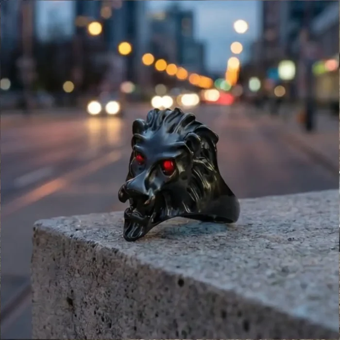 Men's Black Lion Head Stainless Steel Ring | Ruby Red Eyes - Image 9