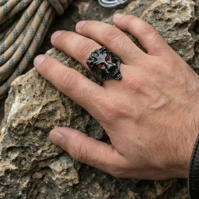 Men's Black Lion Head Stainless Steel Ring | Ruby Red Eyes - Image 7