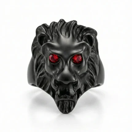 Men's Black Lion Head Stainless Steel Ring | Ruby Red Eyes