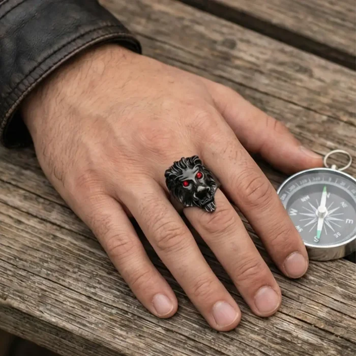 Men's Black Lion Head Stainless Steel Ring | Ruby Red Eyes - Image 5