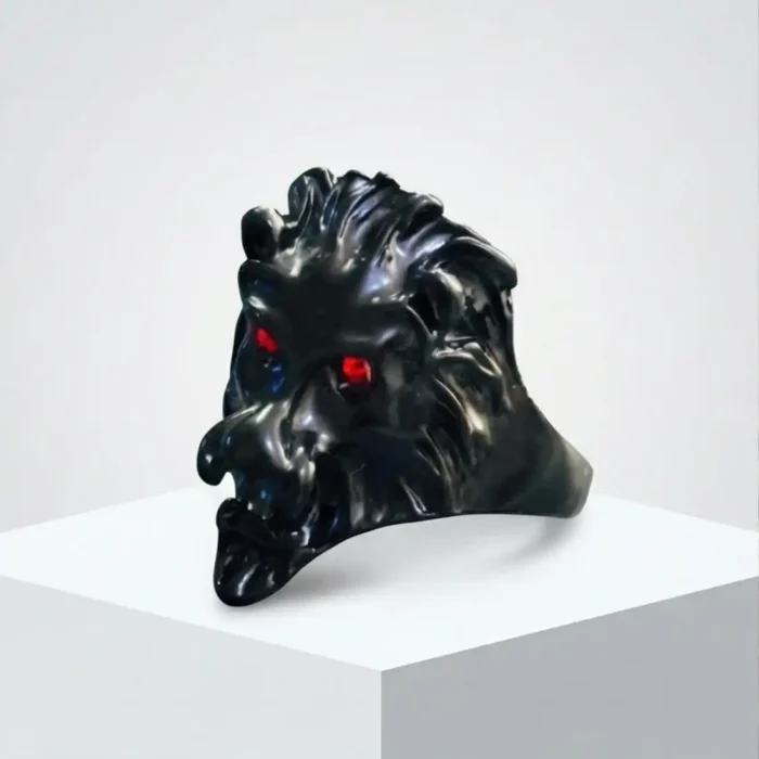 Men's Black Lion Head Stainless Steel Ring | Ruby Red Eyes - Image 4