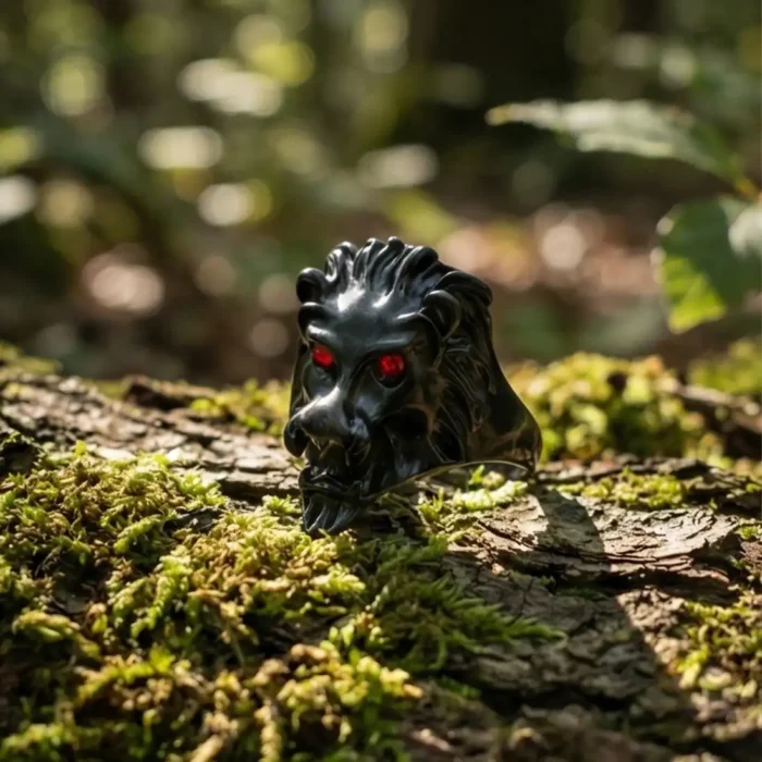 Men's Black Lion Head Stainless Steel Ring | Ruby Red Eyes - Image 3