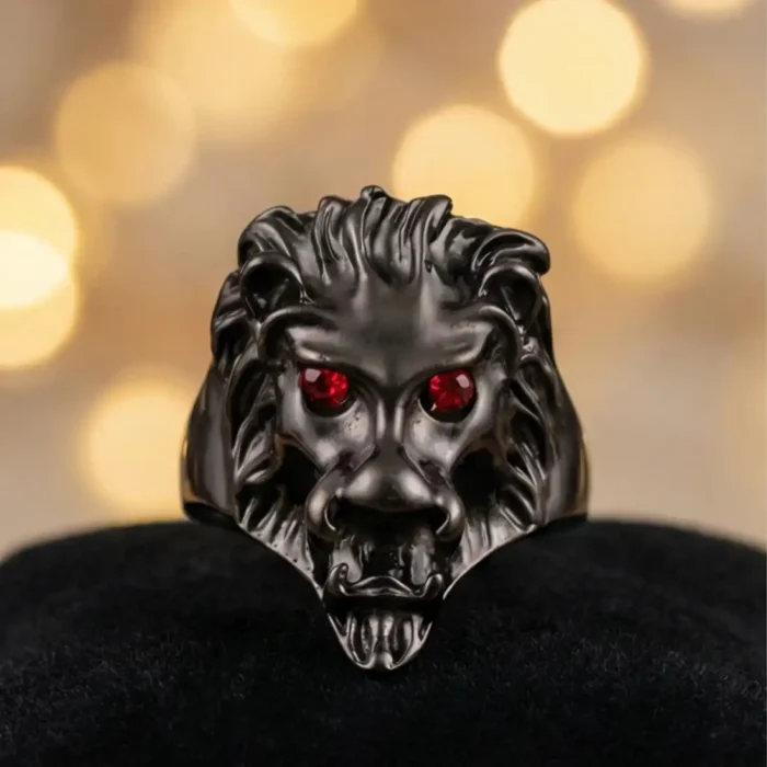 Men's Black Lion Head Stainless Steel Ring | Ruby Red Eyes - Image 2