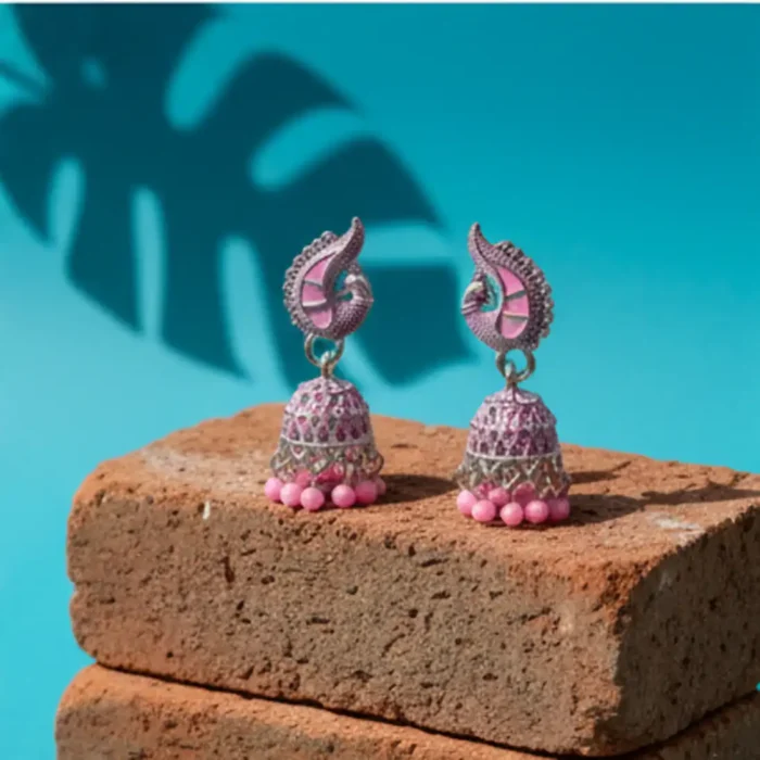Pink Meenakari Silver Peacock Jhumkas | Fuchsia Bead Drops - Image 5