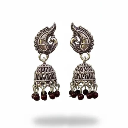 Maroon Meenakari Silver Peacock Jhumkas | Burgundy Drops