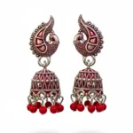 Red Meenakari Silver Peacock Jhumkas | Crimson Bead Drops
