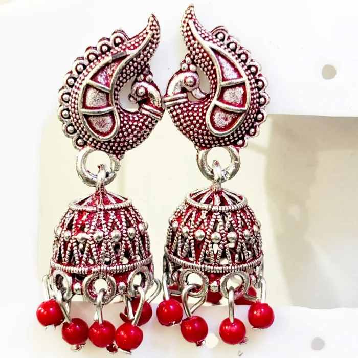 Red Meenakari Silver Peacock Jhumkas | Crimson Bead Drops - Image 2