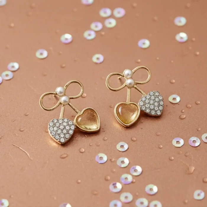 Cherry Bow Heart Earrings | Gold-Plated Crystal & Pearl Jewelry - Image 2